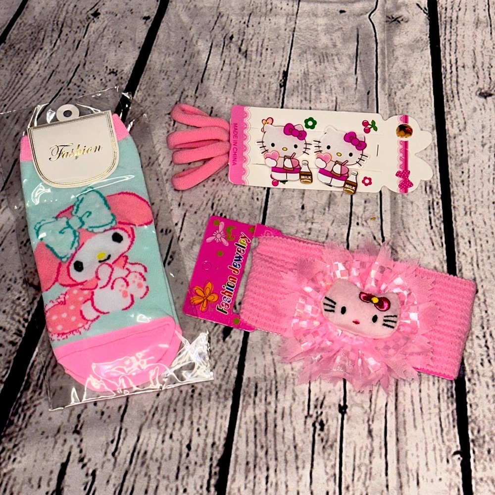 Hello Kitty head band bow socks hair barrettes hair ties pink girls accessories
